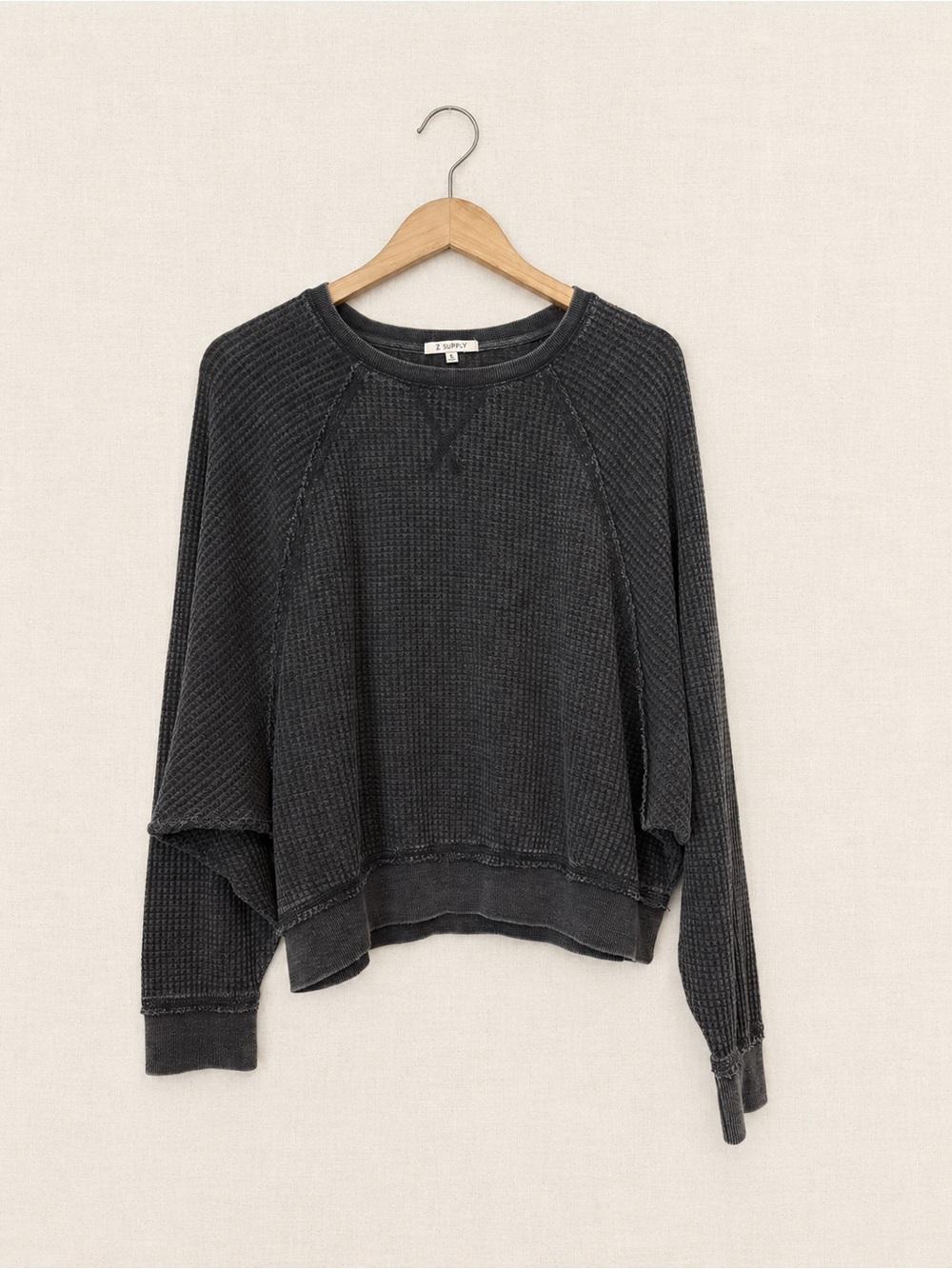 Z Supply Washed Black Waffle-Knit Crewneck Sweater